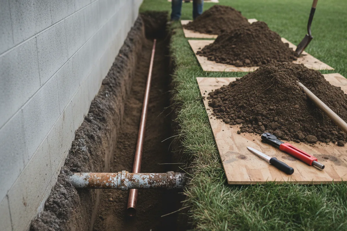 Excavated water line trench during Water Heater Repair in East Taunton